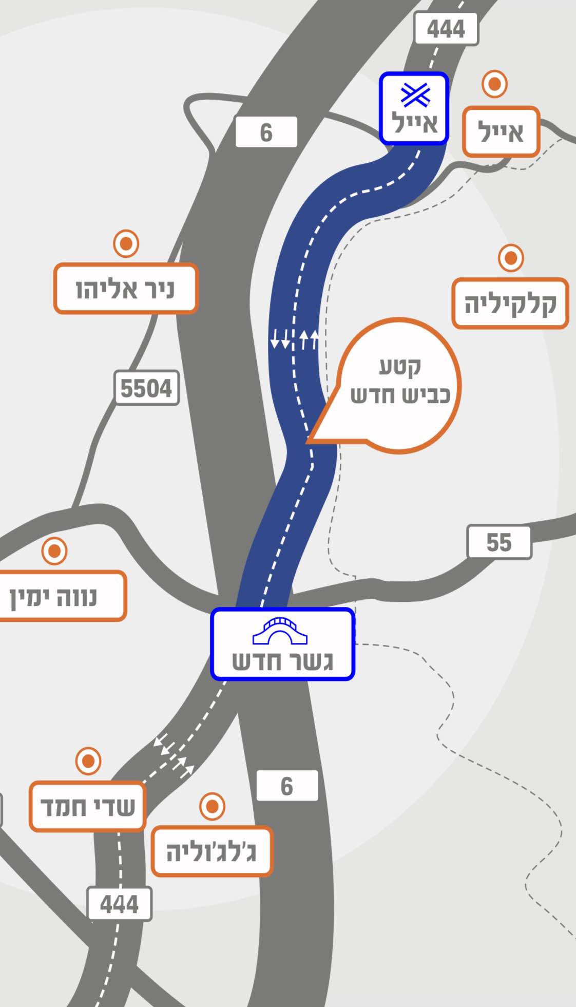 מפה גרפית המסמנת את מיקום קטע הכביש החדש מצומת אייל ועד לצומת נווה ימין בדרום השרון